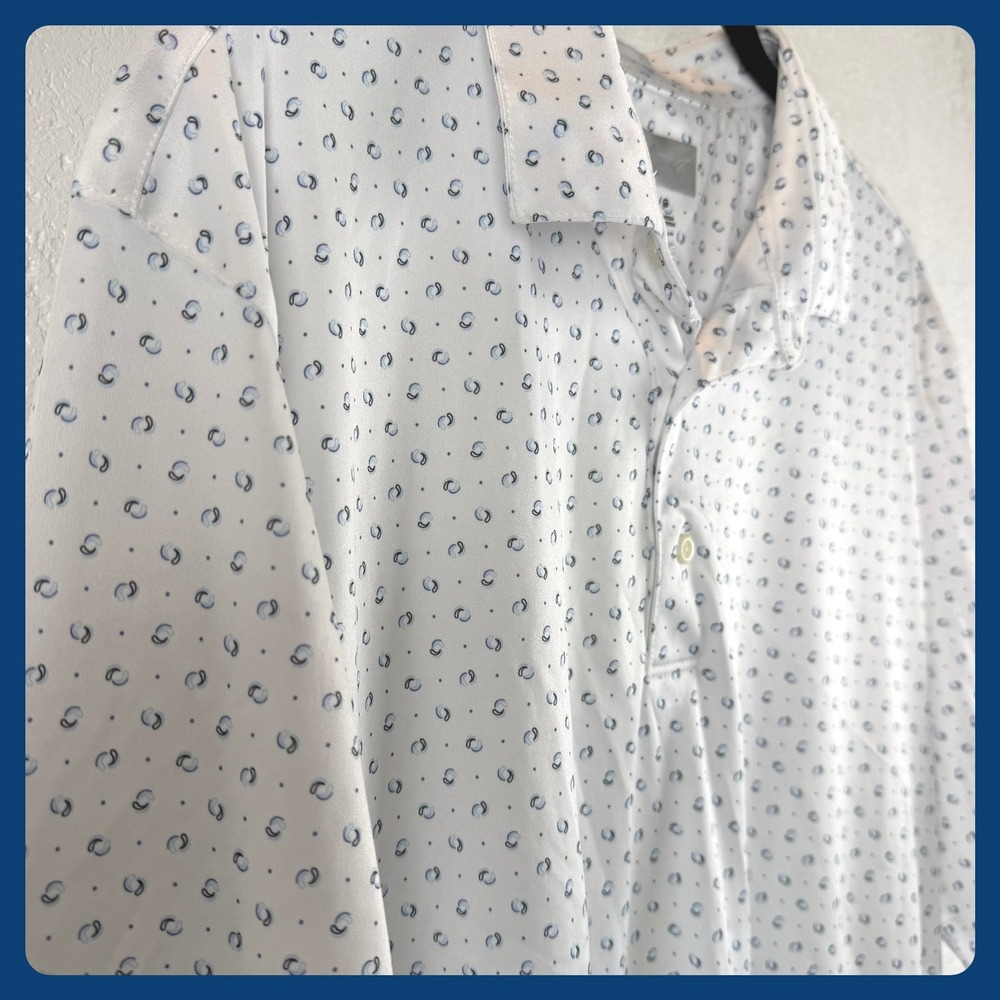 Greg Norman Mens Polo Shirt L G Shark Play Dry White‎ Pattern Golf Casual